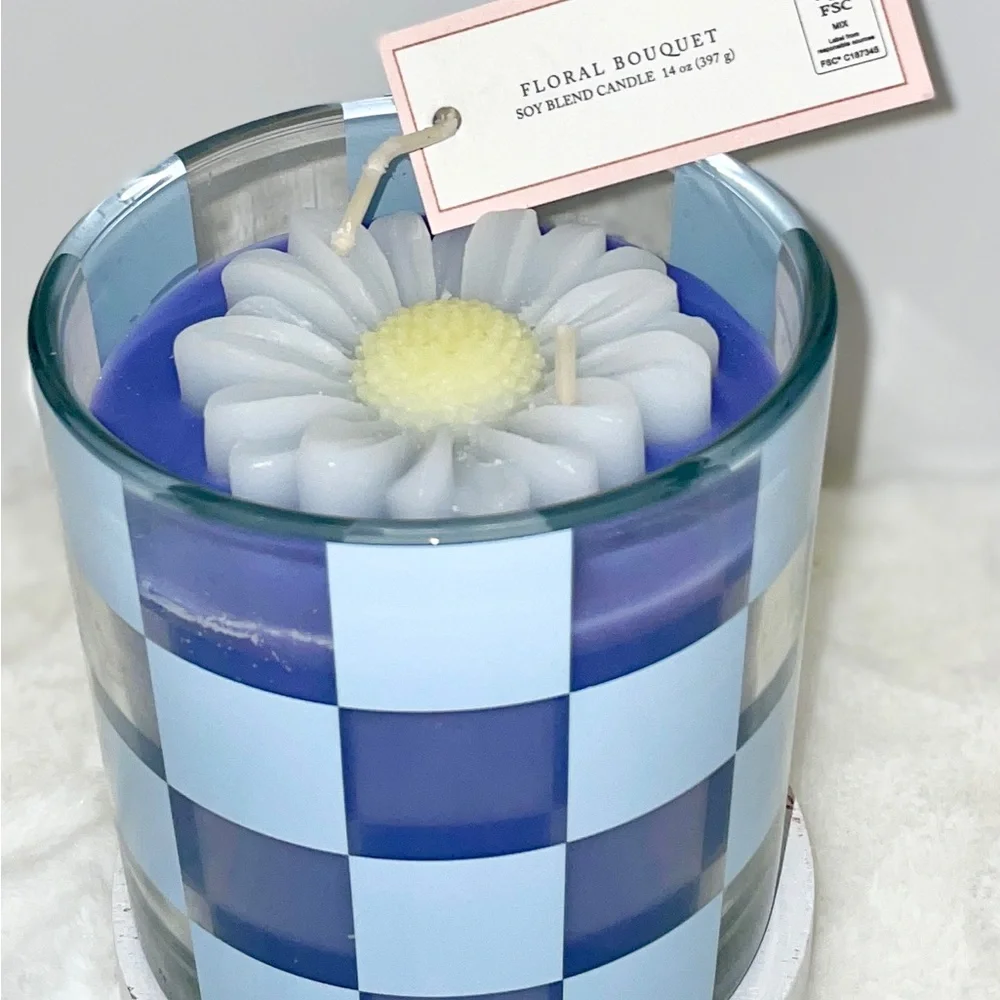 Cupcakes and Cashmere Blue Floral‎ Bouquet Spring Checkered Flower Soy Candle